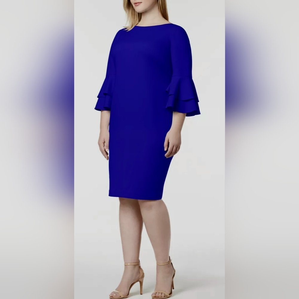 Calvin Klein Scuba Crepe Dress Womens Sz 22 Sheath Tiered Sleeves Royal Blue